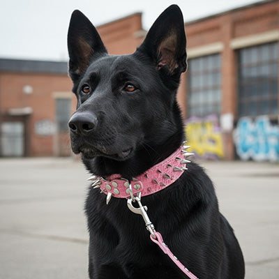 collier chien cuir rose pointes metal argent berger allemand noir chaine urbain