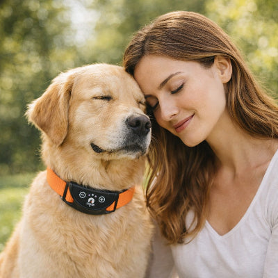 collier chien de dressage golden retriever femme complicite orange anti aboiement exterieur