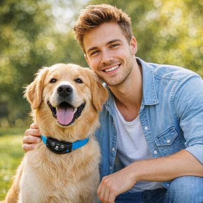collier chien de dressage golden retriever maitre heureux exterieur bleu anti aboiement