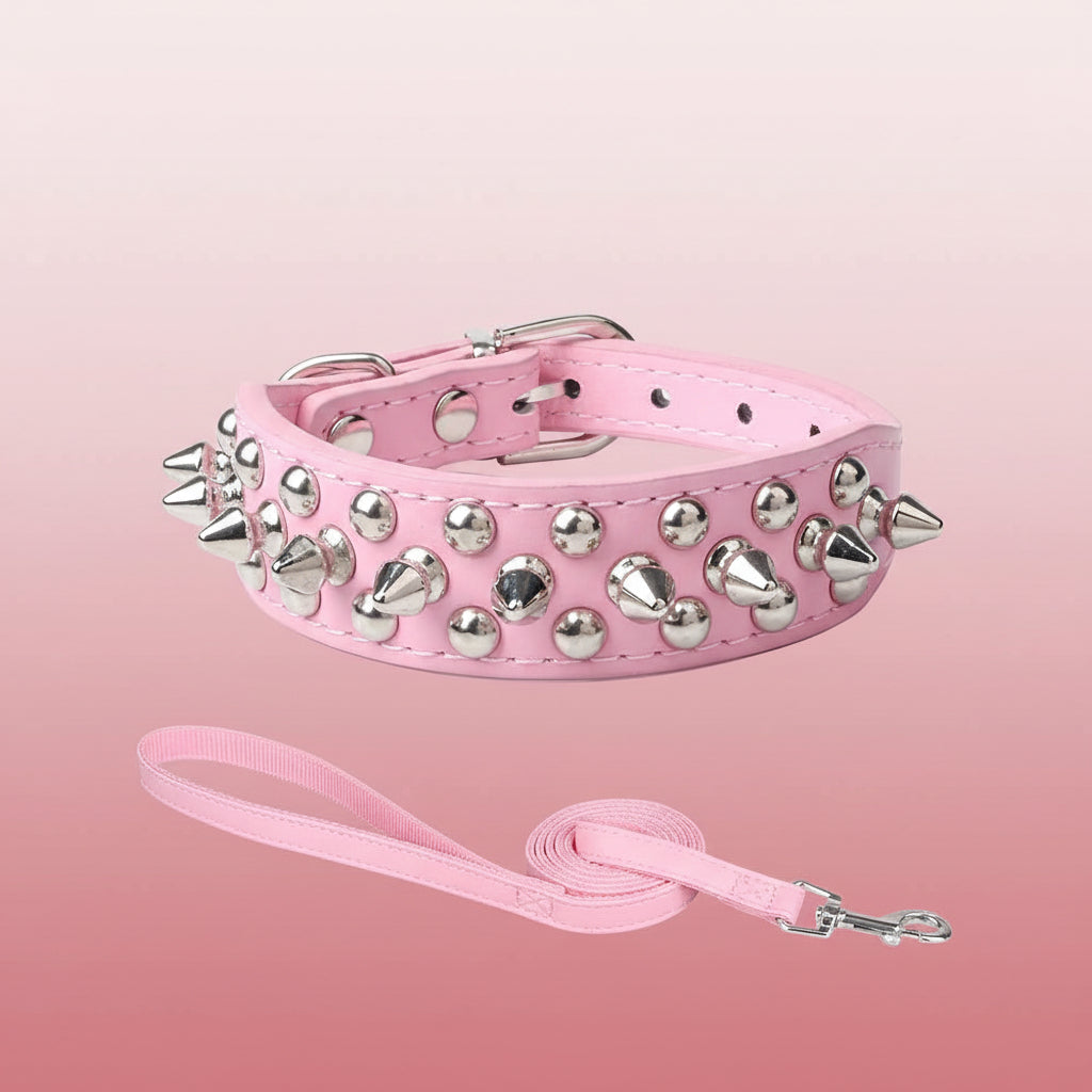 collier chien en cuir rose clous laisse assortie punk feminin reglable