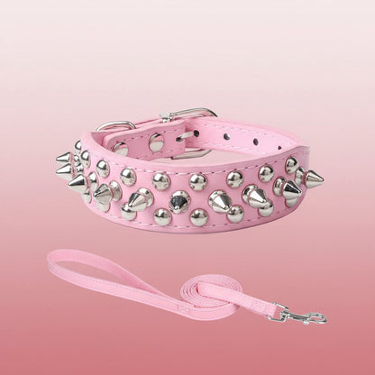 collier chien en cuir rose clous laisse assortie punk feminin reglable