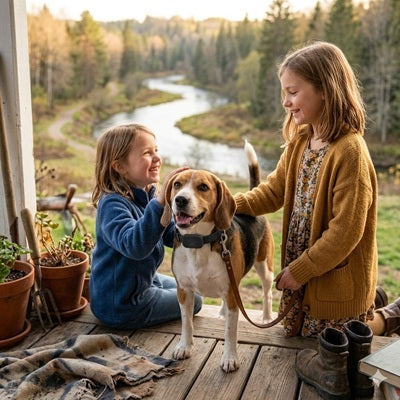 collier chien GPS sans abonnement beagle enfants terrasse campagne rivière automne