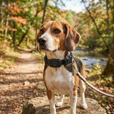 collier chien GPS sans abonnement beagle laisse cuir forêt automne sentier