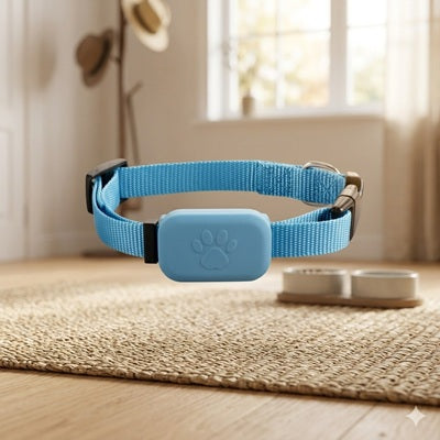 collier chien GPS sans abonnement bleu tracker patte tapis maison intérieur