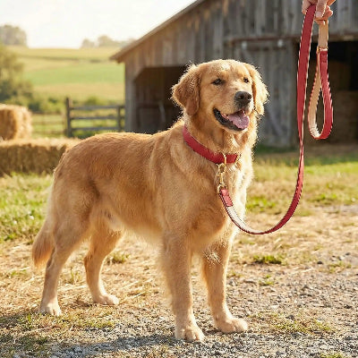 collier chien laisse rouge golden retriever cuir pu premium promenade ferme