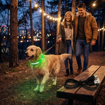 collier chien lumineux vert golden retriever couple promenade soir usb rechargeable securite