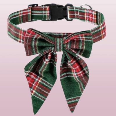 collier chien noel tartan vert rouge noeud boucle plastique