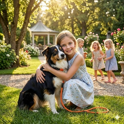 collier chien orange enfant jardin berger australien famille securite confortable