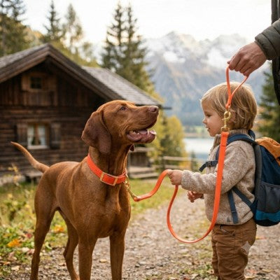 Collier chien orange fluo enfant Vizsla montagne chalet automne.