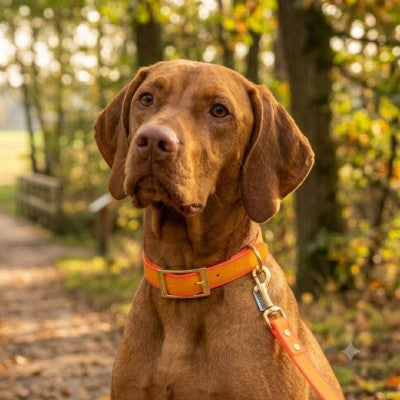 Collier chien orange fluo Vizsla portrait forêt automne boucle dorée.