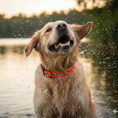 collier chien orange golden retriever eau lac etanche natation resistant aventure