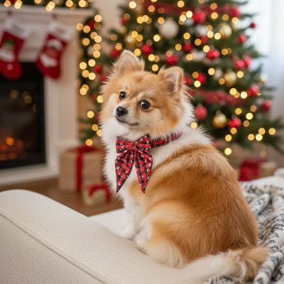 collier chien pomeranian noel bandana tartan canape blanc