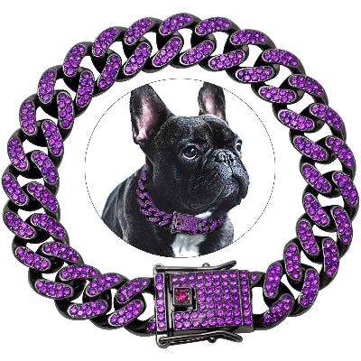 collier chien violet strass cubain bouledogue francais luxe premium