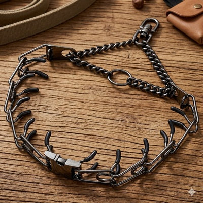 collier de dressage acier noir pointes chaîne bois vue dessus