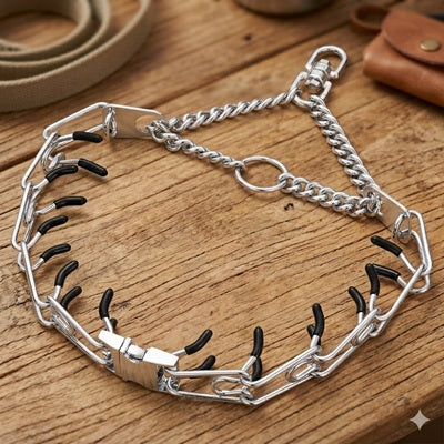 collier de dressage acier pointes caoutchouc chaîne bois closeup