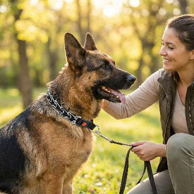 collier de dressage chien berger allemand chaine metal education canine femme nature