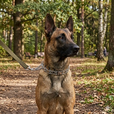 collier de dressage malinois acier forêt portrait laisse tactique