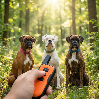 collier dressage chien telecommande trois chiens foret nature education canine exterieur