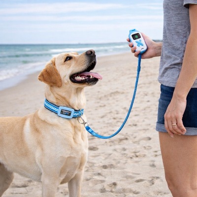 collier dressage pour chien telecommande bleu labrador plage education canine