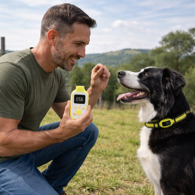 collier dressage pour chien telecommande jaune education border collie exterieur
