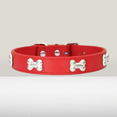 collier en cuir pour chien rouge os metal ajustable petit chien premium