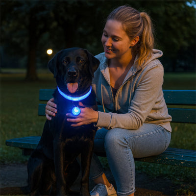 collier lumineux pour chien bleu led promenade soir securite maitre chien noir pendentif