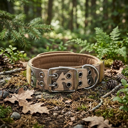 collier molosse chien camouflage tactique large boucle métal forêt