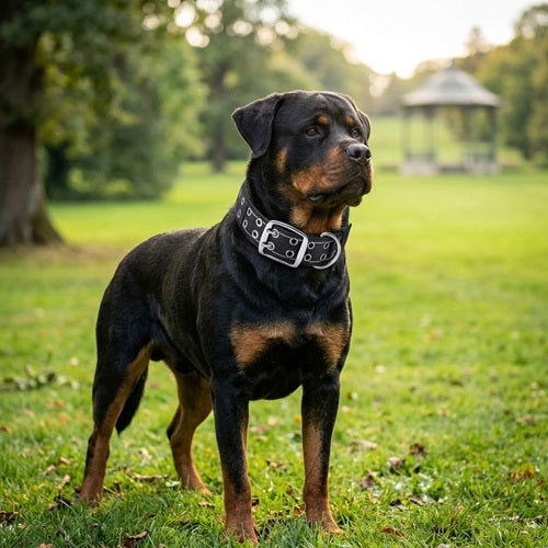 collier molosse chien rottweiler noir large parc arbre