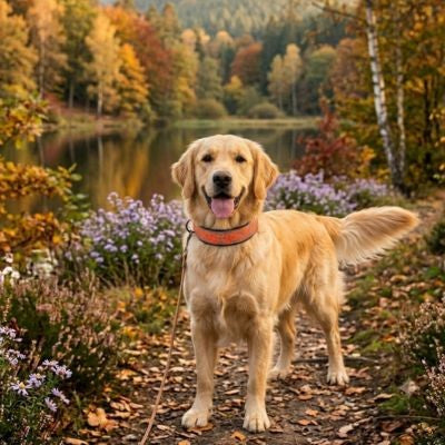Collier orange chien Golden Retriever automne forêt lac nature fleurs