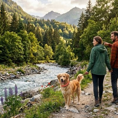 Collier orange chien Golden Retriever balade montagne nature couple