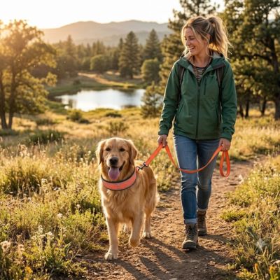 Collier orange chien Golden Retriever balade nature sentier coucher de soleil