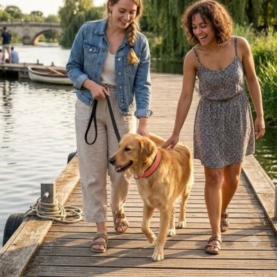 Collier orange chien Golden Retriever ponton lac deux femmes été