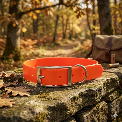 collier-orange-pour-chien-de-chasse-foret-automne-pierre
