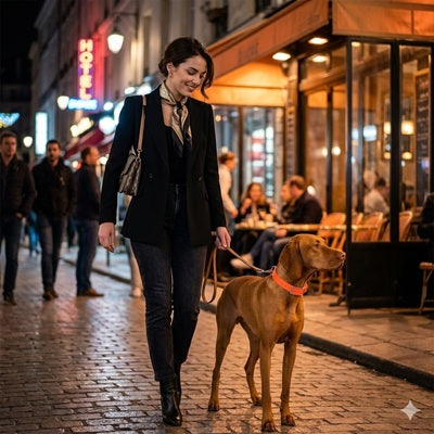 Collier orange pour chien de chasse Vizsla ville nuit Paris