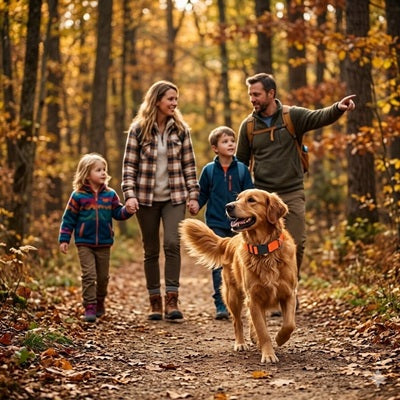 collier orange pour chien golden retriever balade enfants automne