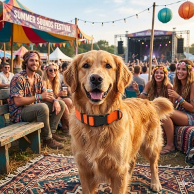 collier orange pour chien golden retriever festival foule été