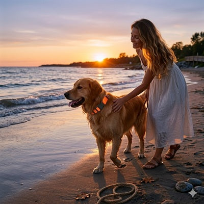 collier orange pour chien golden retriever plage coucher de soleil