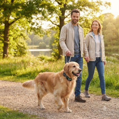 Collier pour chien anti-aboiement Golden Retriever couple balade nature lac