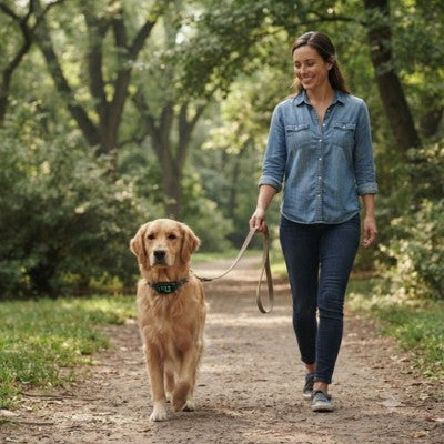 Collier pour chien anti-aboiement Golden Retriever promenade forêt femme laisse