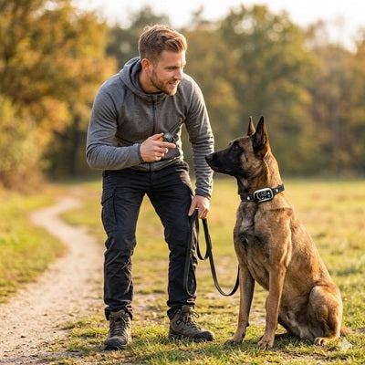 Collier pour chien de dressage malinois homme laisse sentier automne