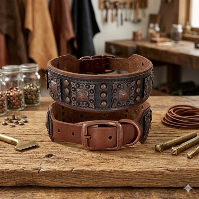 collier pour chien en cuir artisanal bronze atelier noir