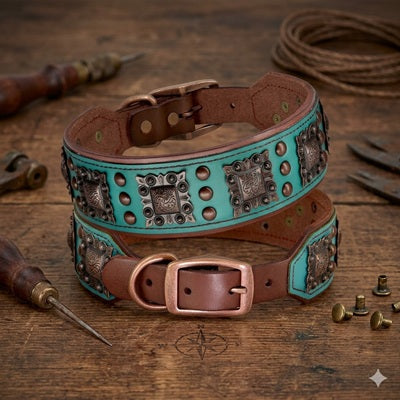 collier pour chien en cuir vert bronze artisanal atelier