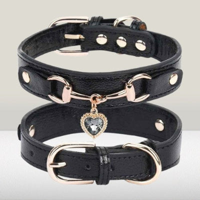 collier pour chien noir cuir breloque coeur cristal elegant chic premium luxe
