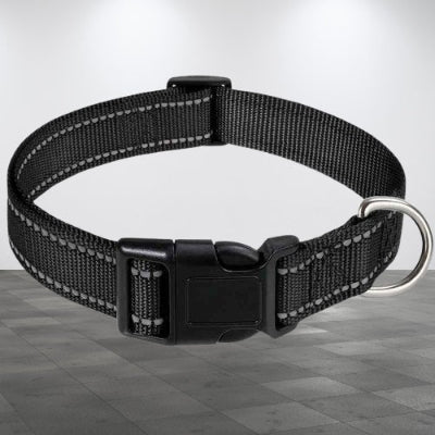 collier pour chien noir reflechissant nylon boucle plastique anneau metal reglable securite