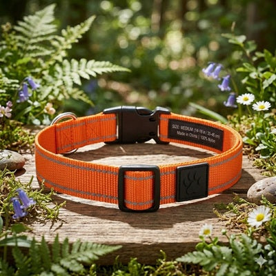 collier pour chien orange bandes reflechissantes taille medium nylon robuste nature