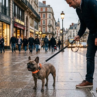 collier pour chien orange bouledogue francais ville promenade urbaine visibilite securite