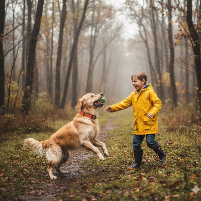 collier pour chien orange golden retriever enfant foret automne jeu complicite securite