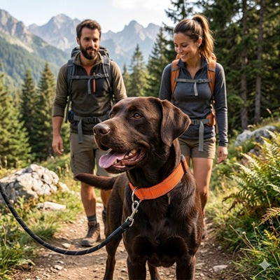 collier pour chien orange labrador chocolat randonnee montagne couple sentier aventure