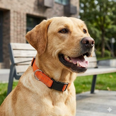 collier pour chien orange labrador jardin portrait profil boucle clip anneau metal