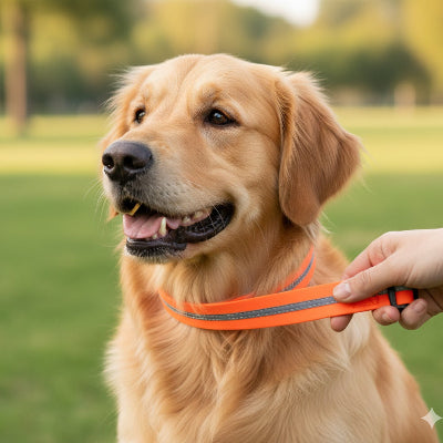 collier pour chien orange laisse golden retriever parc promenade confort ajustable reflechissant